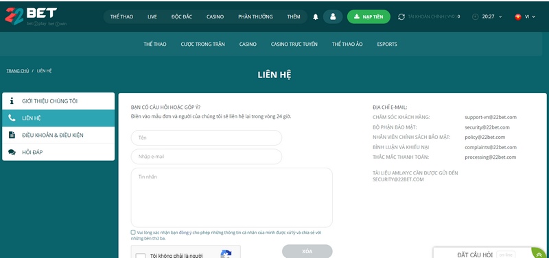 22Bet - Tụ điểm đỏ đen hấp dẫn cho tín đồ xanh chín 8 Thông Tin Liên Hệ 22Bet Cung Cấp Khá Đa Dạng