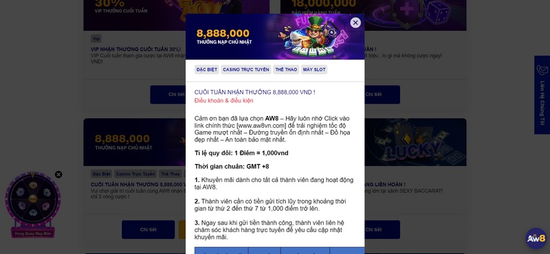 Bật mí một số chương trình khuyến mãi Aw8 siêu hấp dẫn 1 Cuối Tuần Nhận Thưởng Lên Đến 8Tr888 Khi Nạp Tiền Chủ Nhật